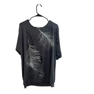XXL Relipop Women's Top‎ Cold Shoulder Sleeves Feather Print Casual Shirt gray
